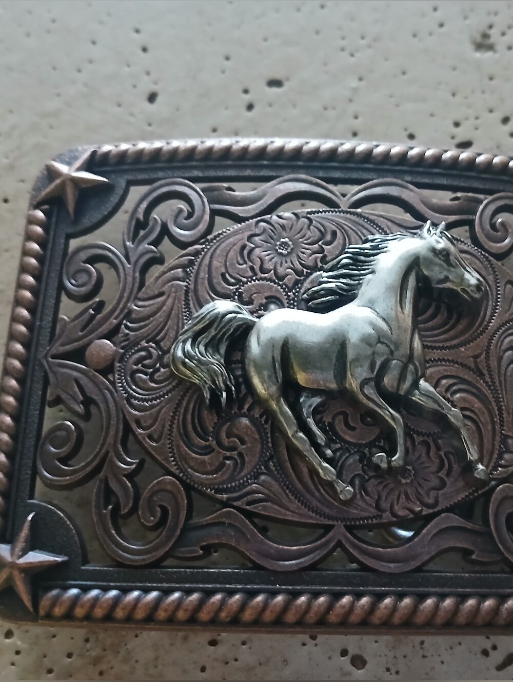 Western Horse Embossed Metal -belt Buckle Copper-Tone